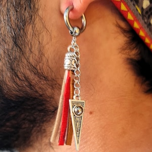Boucles d&#39;oreilles pompon en cuir pour hommes, bijoux pendants à franges bohèmes du sud-ouest - Motifs triangle concho tendance - Boucles d&#39;oreilles hippie en cuir pour hommes