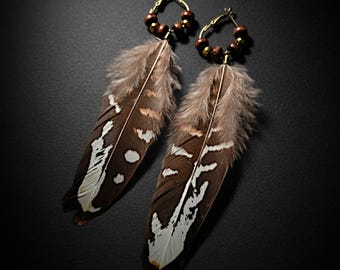 Men’s Bohemian Brown Feather Earring, Single Long Dangle Earring, Wooden Beaded Pirate Hoop Earring, Natural Tribal Boho Antique Jewelry