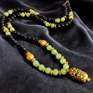 Green Jade & Black Onyx Necklace, Gold Hematite Bead, Ethnic Pendant, Spiritual Boho Jewelry, Gift for Men, Women, Unisex Gemstone Choker