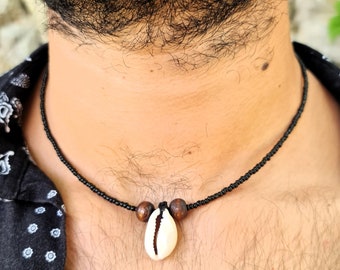 Herren Minimalist Muschel Choker, Schwarze Sand Perle, Kauri Muschel Anhänger Halskette, Kauri Muschel Charme Schmuck