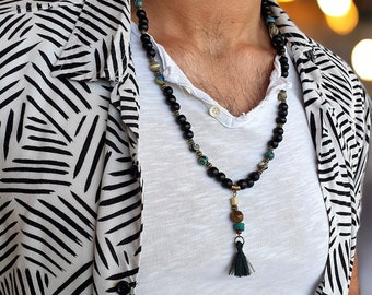 Custom Long Mala Mens Necklace, Beaded Tassel Buddha Necklace for Men, Tiger Eye & Malachite Multicolored Gemstones, Bohemian Style for Him