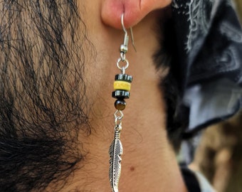 Mens Rustic Vintage Delicate Earrings, Tribal Ethnic Festival Jewelry, Feather Leaf Dangle Earring, Indian Stone Bead Design, Men Tiger Eye