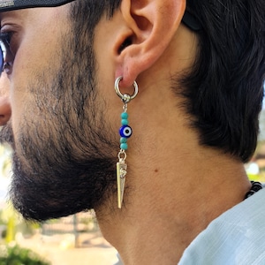 Mens Turquoise Bead Earring, Evil Eye Earring, Tribal Triangle Earring, Minimalist Gemstone Personalized Gift,  Rustic Single Hoop Earring