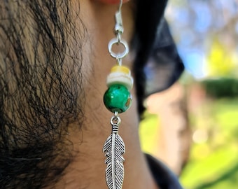 Mens Natural Jade Stone Earrings, Feather Dangle Earrings, Festival Dangling Earrings, Dainty Gemstone Minimal Jewelry, Boho Beaded Earring