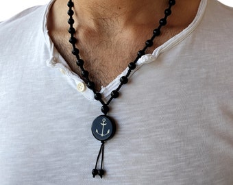 Collar de ónix mala para hombre, collar de ancla de surfista, Zulfikar islámico, caligrafía árabe, motivo de clave de sol, calavera, Yin Yang, joyería musulmana