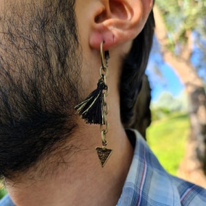 Men Pirate Hoop Earring, Goth Long Antique Bronze Spike Dangle, Boho Geometric Triangle Charm, Vintage Rustic Jewelry, Tribal Ethnic Earring
