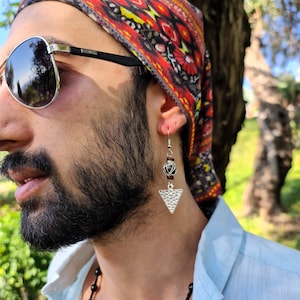 Mens Tiger Eye Earring, Minimalist Gemstone, Modern Pirate Hoop Earring, Tribal Rustic Single Earring, Men Vintage Triangle Dangle Earring
