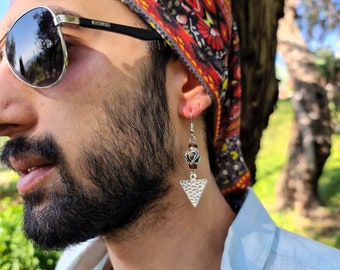 Mens Tiger Eye Earring, Minimalist Gemstone, Modern Pirate Hoop Earring, Tribal Rustic Single Earring, Men Vintage Triangle Dangle Earring