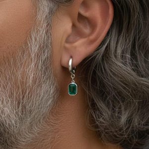 Emerald Green Gemstone Huggie Earring | Minimalist Dainty Drop Earrings | Men & Women | Custom Dangle Earrings, Sterling Silver Crystal Hoop