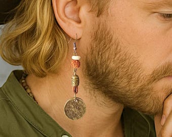 Mens Rudraksha Earring, Antique Bronze Coin Dangle Earring, Mens