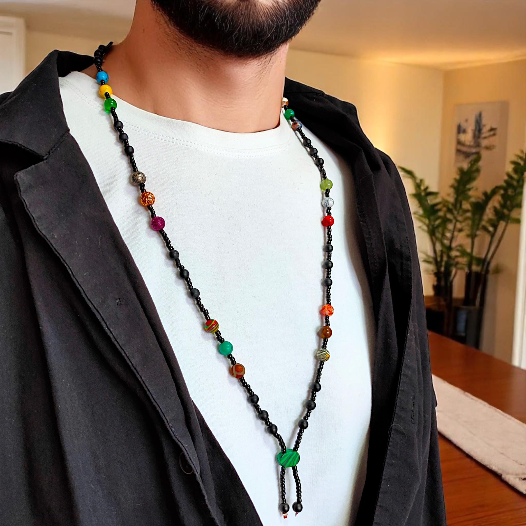 Boho Tribal Men's Gemstone Necklace, Natural Stone Mala Necklace