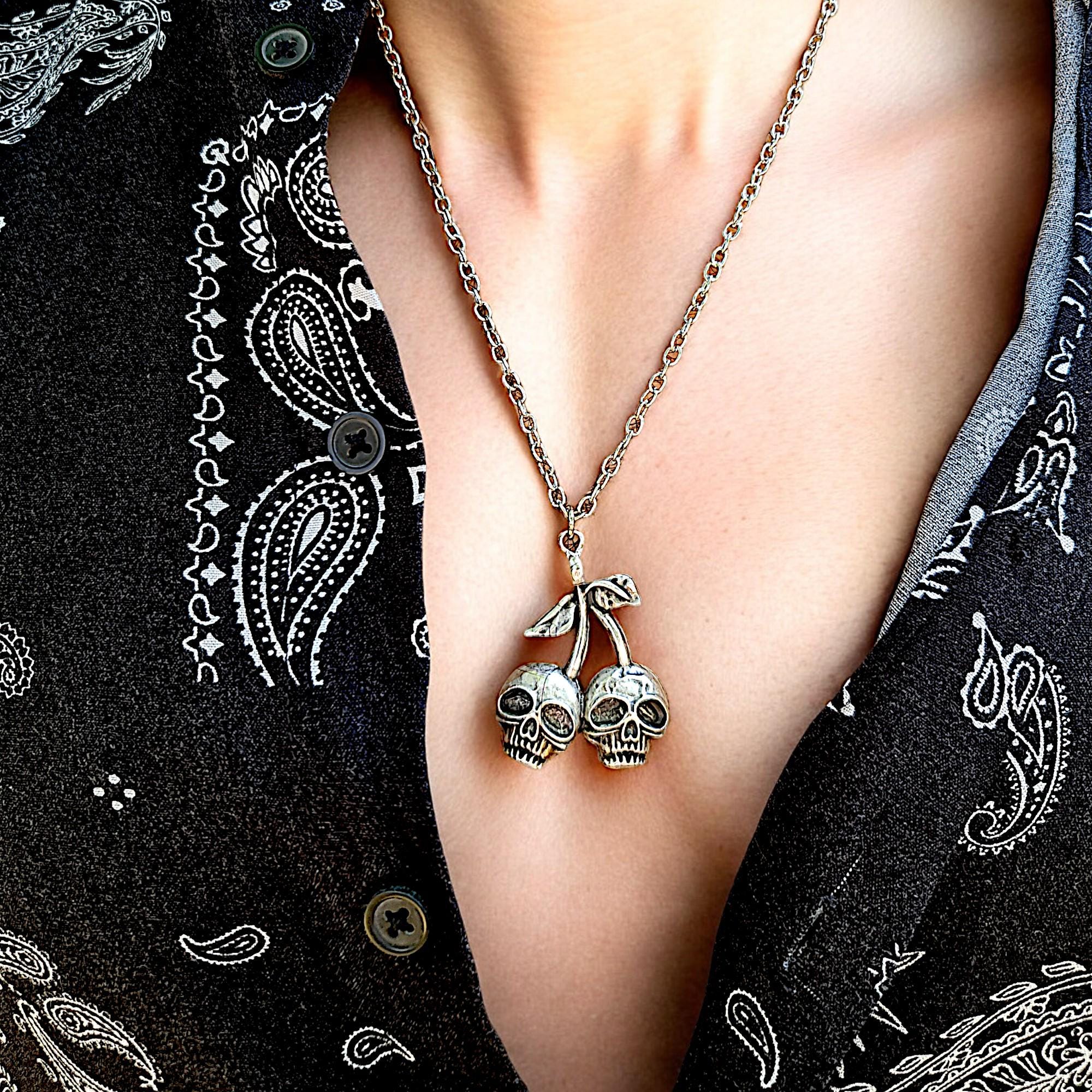 Gothic Skull Necklace - Stainless Steel Red Crystal Punk Rock Jewelry