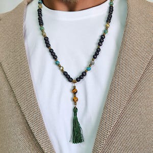 Custom Long Mala Mens Necklace, Beaded Tassel Buddha Necklace for Men, Tiger Eye & Malachite Multicolored Gemstones, Bohemian Style for Him