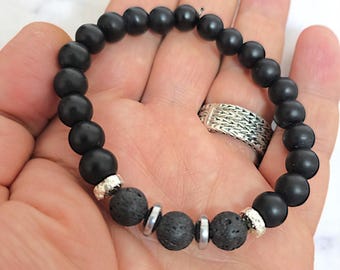 Mens Black Onyx Bracelet, Mate Lava Stone Stretch Bracelet, Trendy