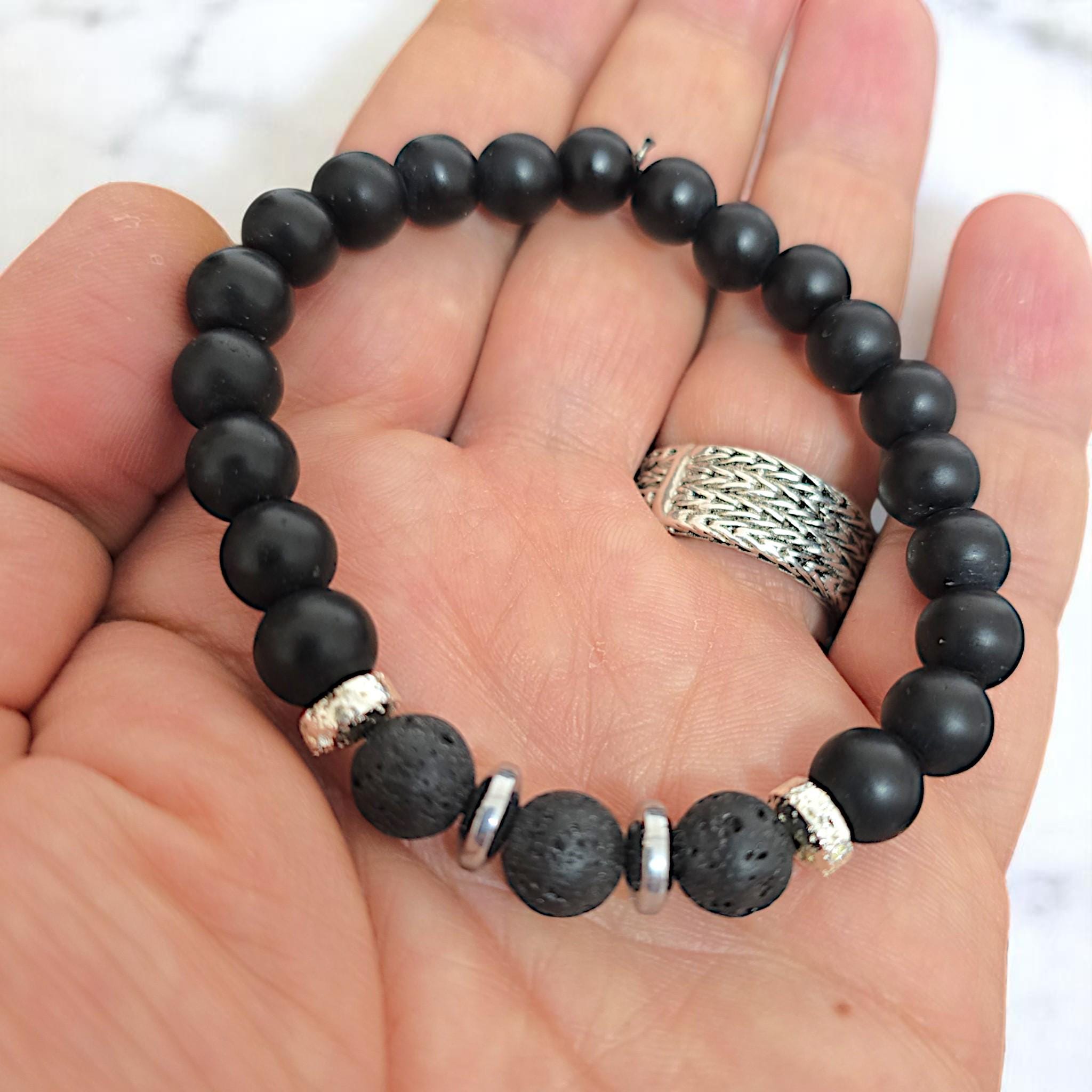 Mens Black Onyx Bracelet, Mate Lava Stone Stretch Bracelet, Trendy
