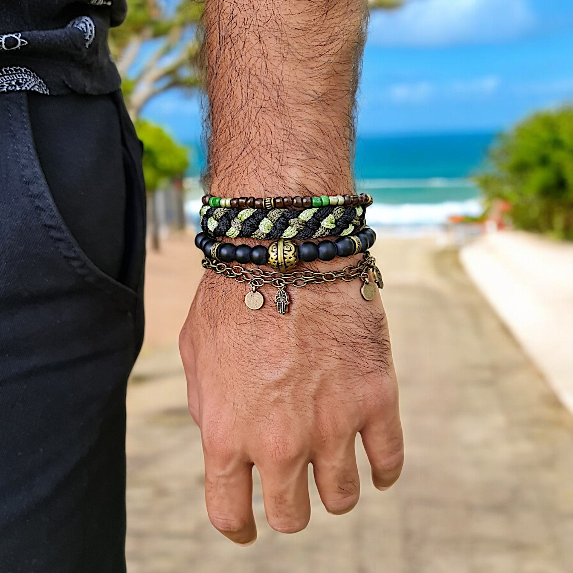 Braccialetti Etnici In Legno E Pelle PU – Set Regolabile Per Uomo, Stile Tribale, Regalo Originale
