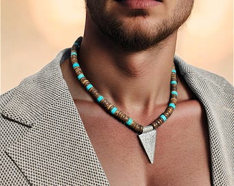 Rustikale Tribal Surfer Halskette Männer, Türkis Stein, Holzperlen Choker, Boho Afrikanischer Minimalist Schmuck, Dreieck Amulett Talisman