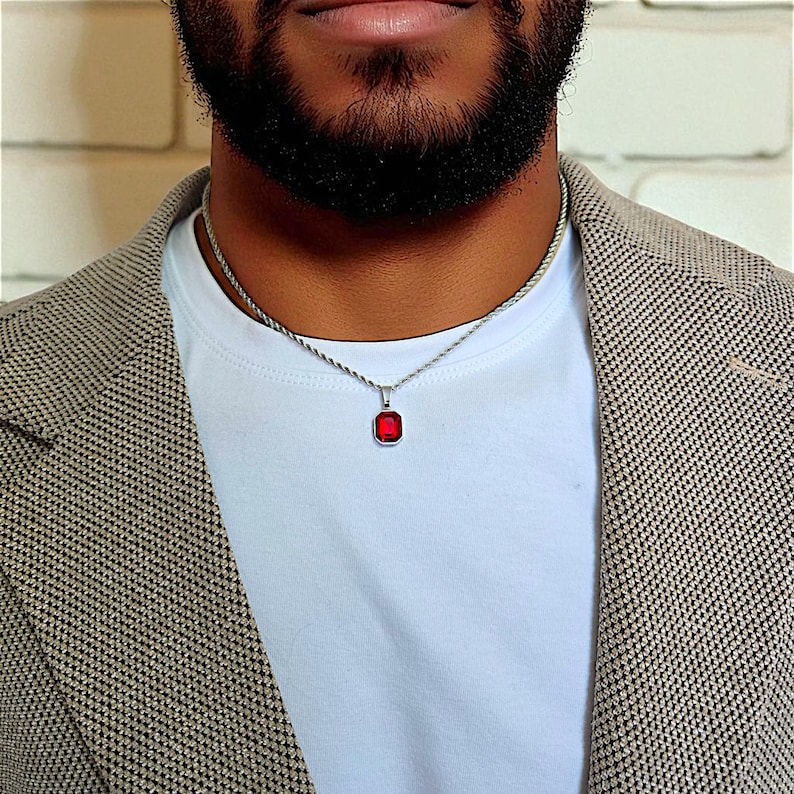 minimalist men’s sapphire necklace, elegant blue crystal pendant, stainless steel choker chain, luxury gemstone jewelry for men, perfect for business suits, weddings, and everyday style