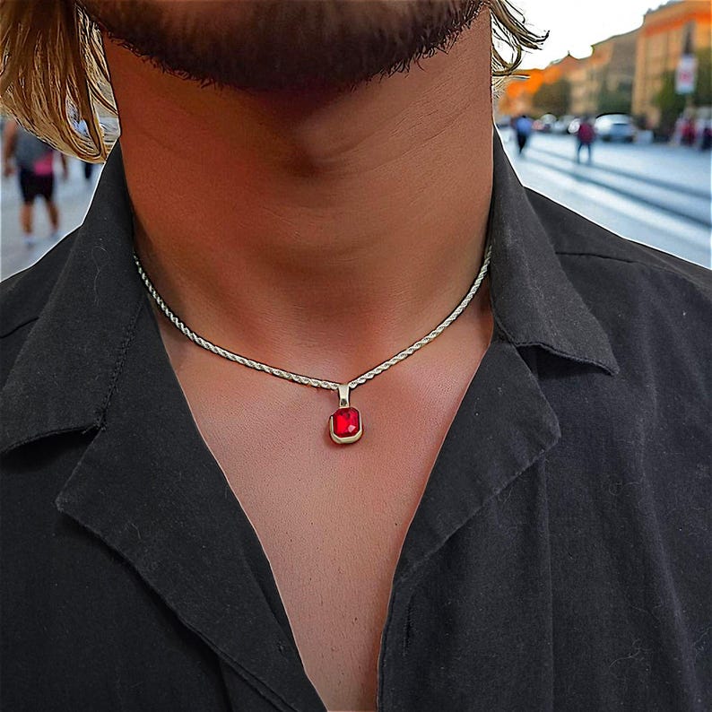 elegant men’s ruby necklace with minimalist crystal pendant, stainless steel chain, men’s wedding jewelry, business suit accessories, luxury gemstone choker, rich man necklaces for formal and casual wear