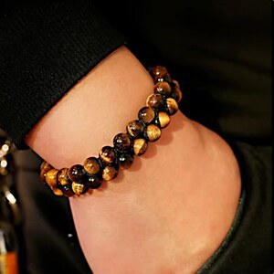 Men's Natural Tiger's Eye Stone Bead Bracelet - 7.5 Inch, Round Green Beads, Lucky Charm Jewelry