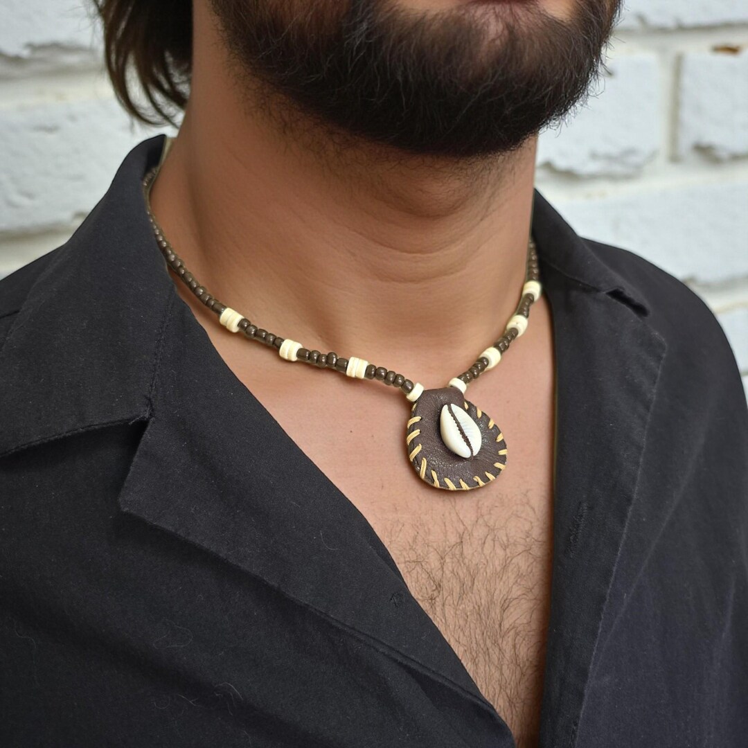 African Cowrie Shell Necklace, Boho Tribal Leather Pendant, Unisex ...