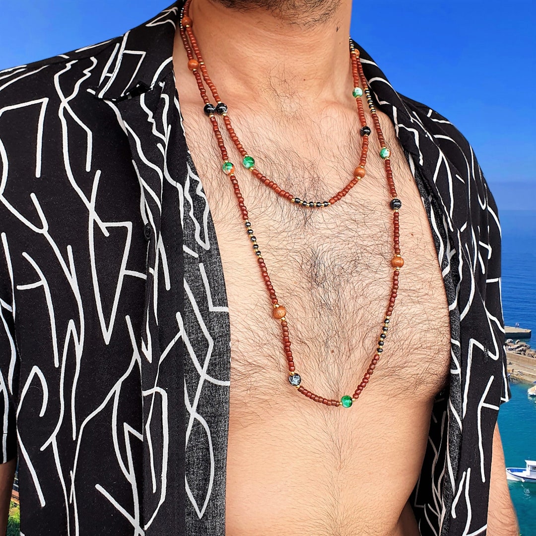 Custom Men's Malachite & Onyx Necklace, Boho Style, Layered Natural ...