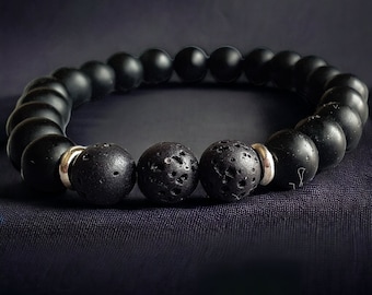 Pulsera de ónix negro para hombre, pulsera elástica de piedra de lava mate, pulsera con cuentas de piedras preciosas minimalistas de moda, energía de piedra natural, delicada gótica