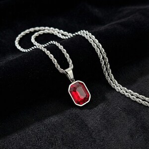 Mens Ruby Necklace, Red Gemstone Pendant, Silver Rope Chain, July Birthstone Jewelry, Emerald Cut Crystal, Gift for Boyfriend, Husband Gift
