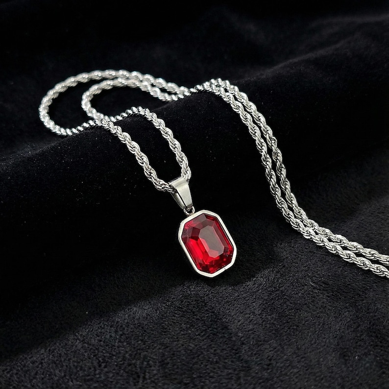 Mens Ruby Necklace, Red Gemstone Pendant, Silver Rope Chain, July Birthstone Jewelry, Emerald Cut Crystal, Gift for Boyfriend, Husband Gift