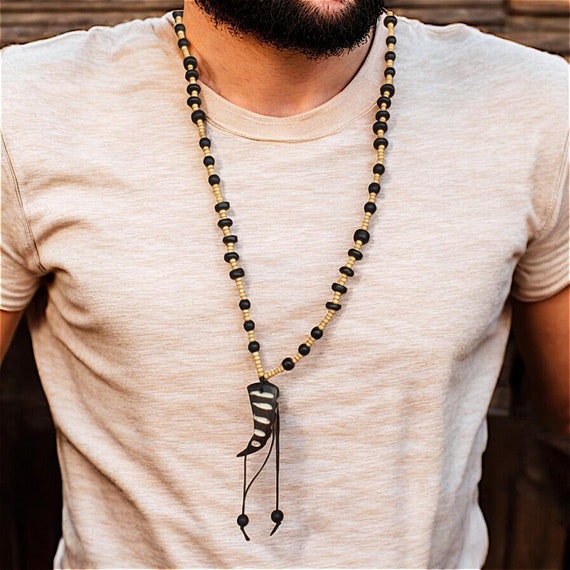 Beaded elastic triangle black beads built unbranded S/M BOHO hobo style 30” long Mens Tribal Boho Necklace, Long Tibetan Maui, Ethnic Mala  main image 3