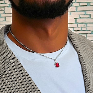 men’s gemstone necklaces with sapphire, ruby, and emerald options, stainless steel minimalist choker chain, modern jewelry for suits, weddings, and daily wear