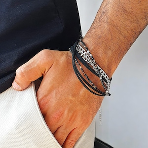 Mens Surfer Multilayer Bracelet, Indian Agate Stone Leather Bracelet, Gemstone Chain Stacking Jewelry, Layered Bracelet, Seed Beads Bracelet