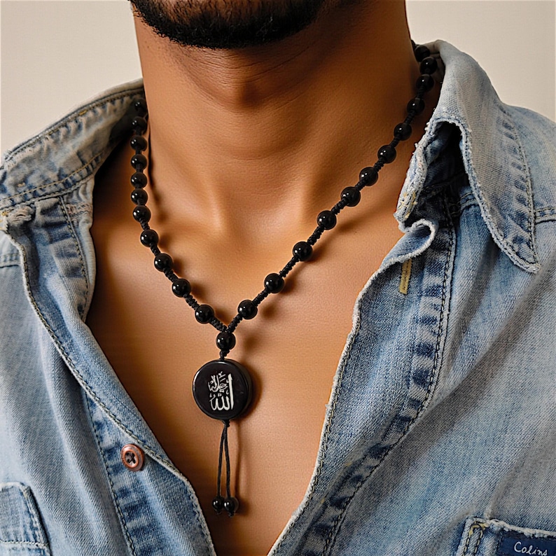 Mens Black Onyx Allah Pendant, Muslim Boho Necklace, Arabic Custom ...