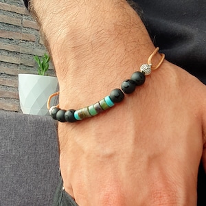 Mens Boho Mala Bracelet with Lava Stone & Black Onyx - Beaded Jasper,Cross Accessories - Yoga-Inspired Stone Design - Perfect Boyfriend Gift