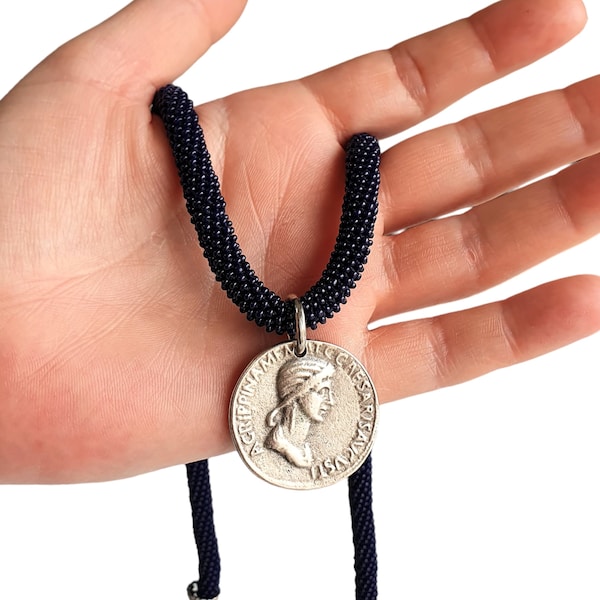 Mens Vintage Greek Choker, Roman Coin Necklace, Antique Medallion Locket Egyptian Talisman Charm, Simple Memorial Pendant, Old Coin Jewelry