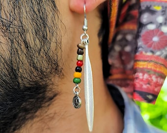 Tribal Feather Earring Male Real Feather Mens Earring Bronze And