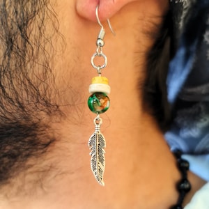 Mens Boho Gemstone Dangle Earring - Unique Feather Earring, Bead Stone Design - Modern Bohemian Earring Tribal Style - Ideal Gift for Men