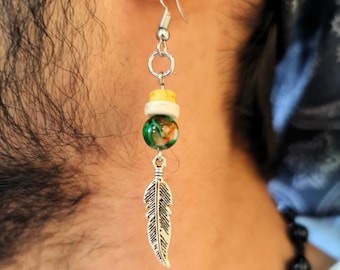 Mens Boho Gemstone Dangle Earring Unique Feather Earring, Bead