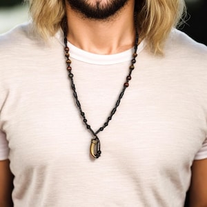 Mens Tiger Eye & Onyx Tassel Necklace, Tribal Fang Pendant, Long Beaded Boho Jewelry, Natural Stone Mala Necklace, African Surfer Necklace