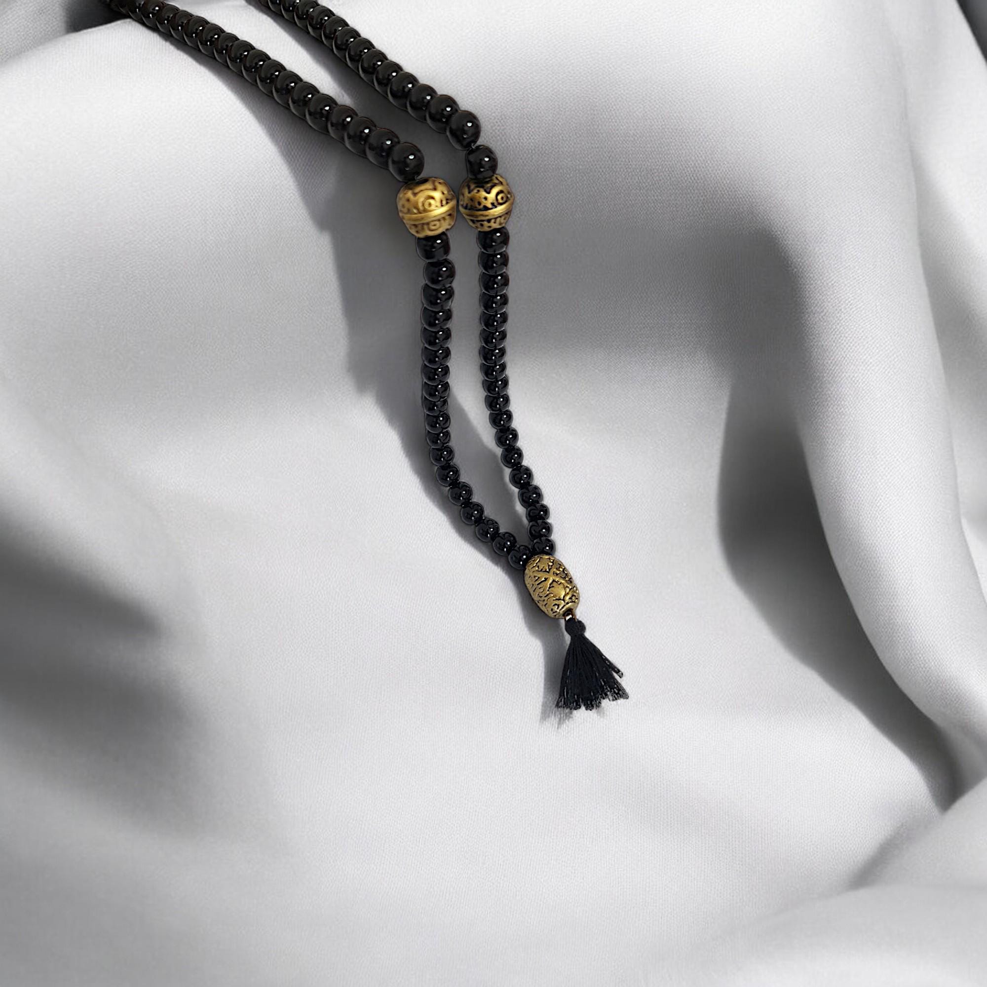 Mens Black Onyx Beaded Tassel Necklace, Tribal Ethnic Jewelry