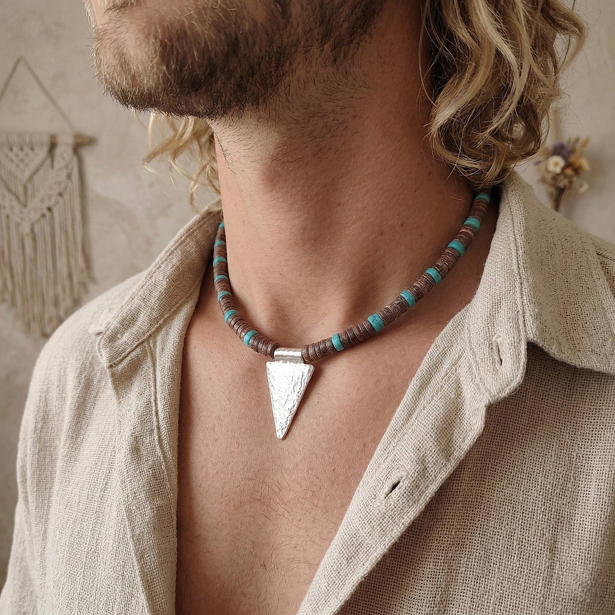 Mens Arrowhead Necklace, Surfer Natural Wood Bead Choker