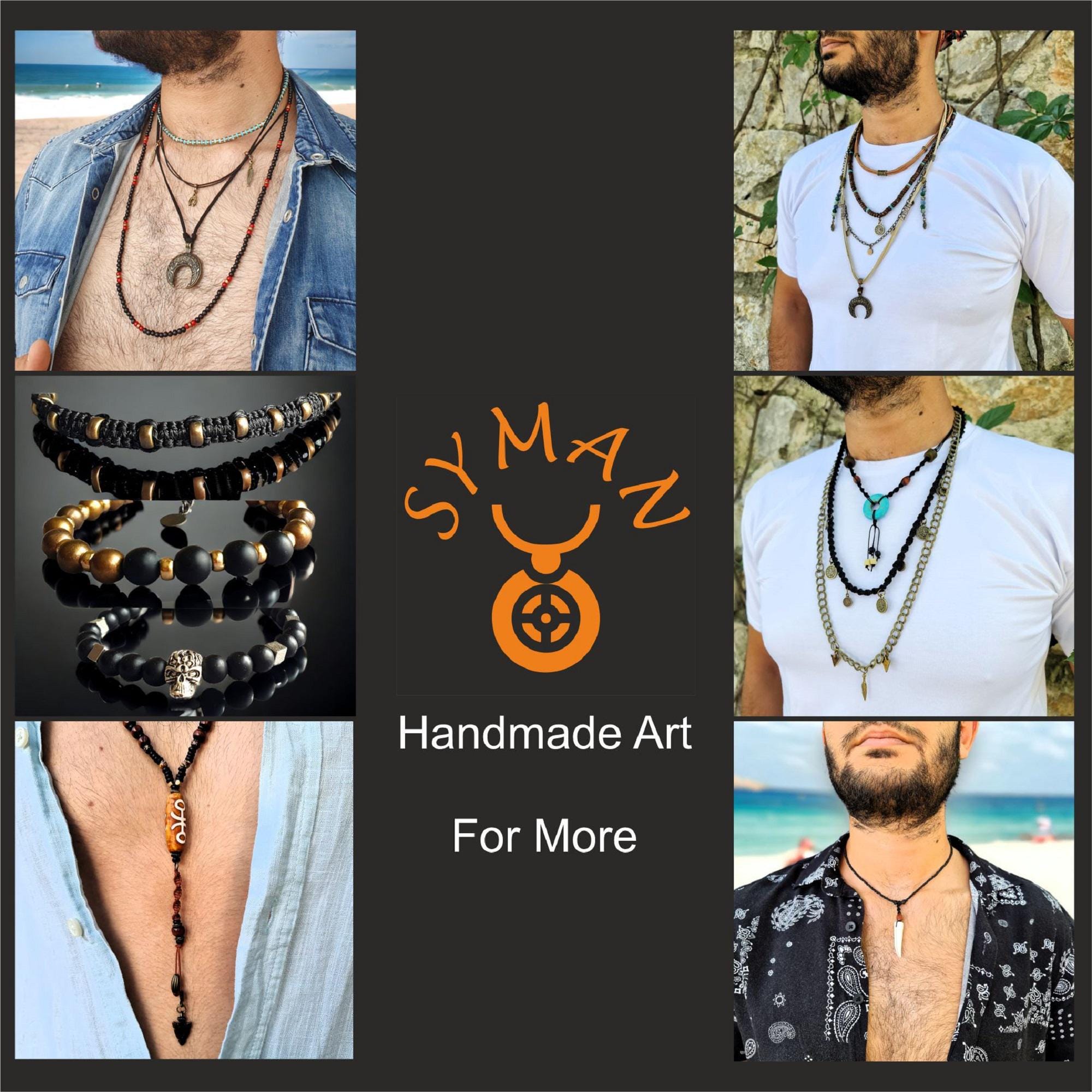 Boho Tribal Mens Tassel Necklace, Evil Eye Pendant, Bohemian Men