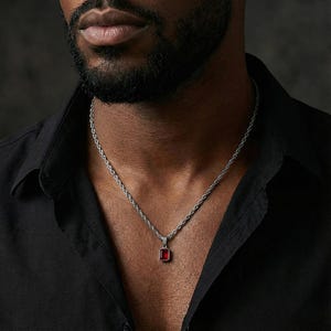 Gift for Him, Mens Silver Chain with Red Stone, Ruby Birthstone Pendant, Custom Jewelry for Men, Valentines Day Gift, Anniversary Necklace