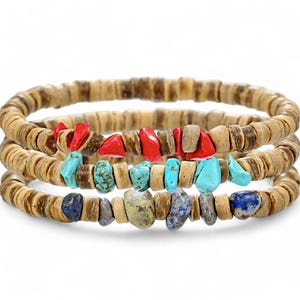 Unisex Natural Stone Bracelet Set, Lapis Lazuli, Coral, Turquoise & Coconut Rondelle Beads, Gift for Him or Her - Ethnic Minimalist Bracelet