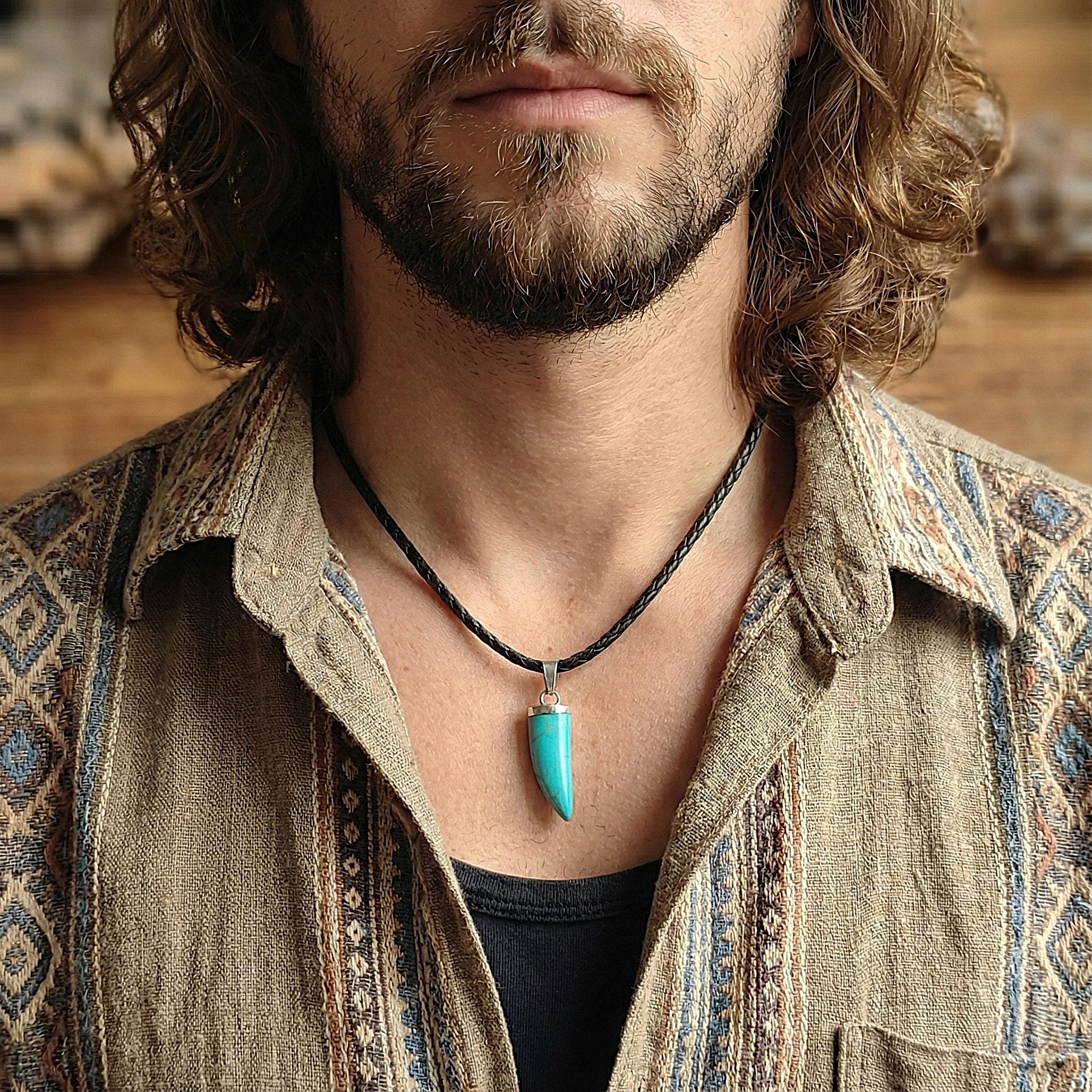 Handmade Metal Tooth Horn Pendant Men's Leather Choker Necklace – Real Leather, Black, Alloy