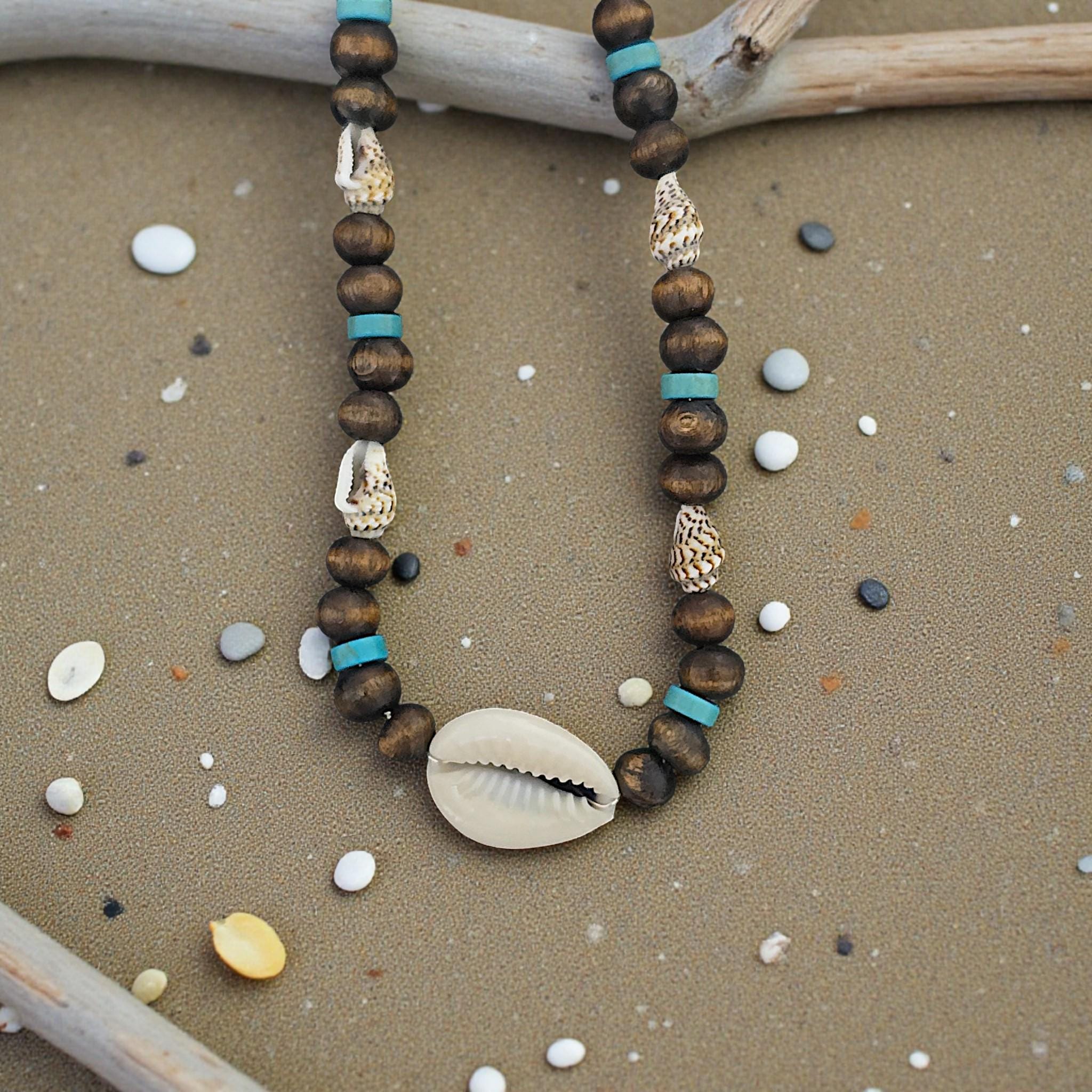 Surfer Shell Chain Mens Surfer Cowrie Shell Necklace, Boho Tribal Wood Bead Choker ...