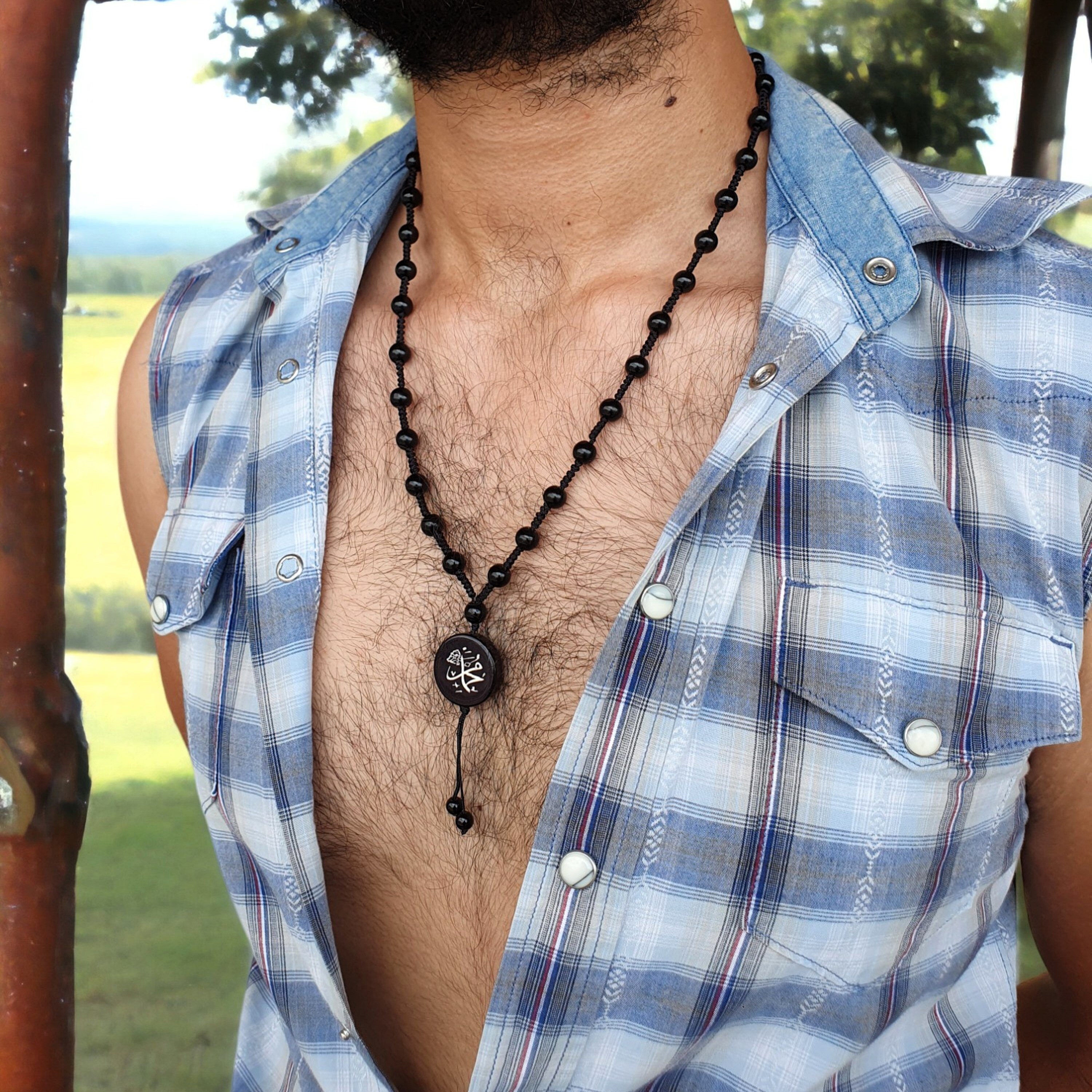 İslamic Calligraphy Men's Necklace, Custom Men's Black Onyx Stone ...