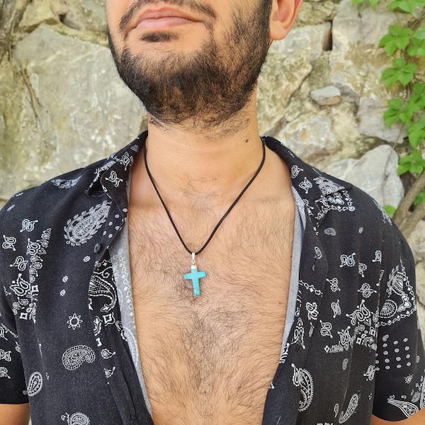Dainty Turquoise Cross Men Necklace, Kingman Gemstone Christian Pendant, Simple Religious Jewelry, Everyday Cross Statement Modern Pendant