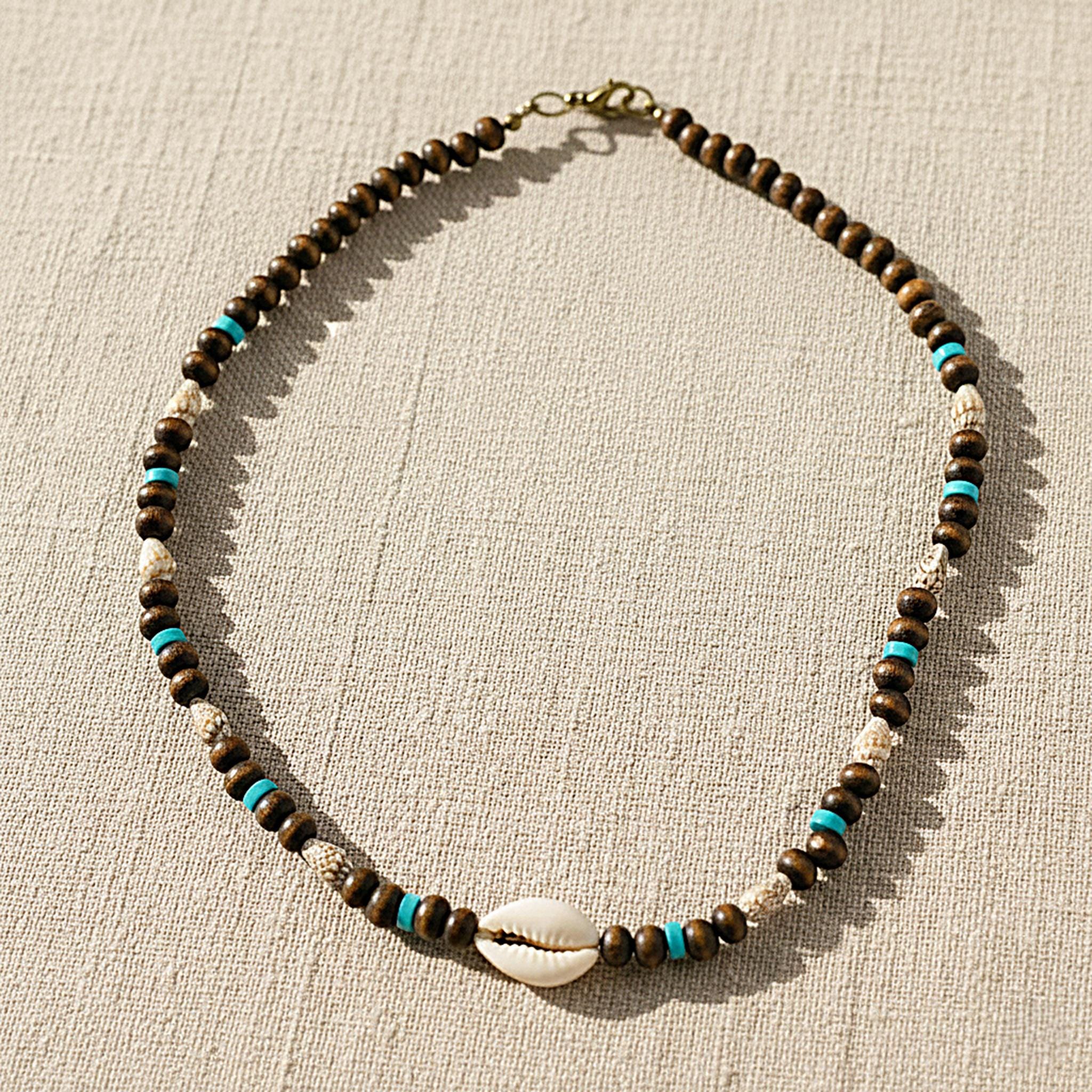 Surfer Shell Chain Mens Surfer Cowrie Shell Necklace, Boho Tribal Wood Bead Choker ...