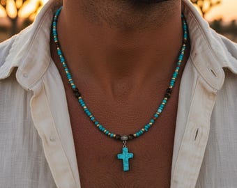 Colar Boho Masculino com Cruz Turquesa, Gargantilha Boho Surfista com Miçangas, Joias Rústicas com Pedra Olho de Tigre, Presentes Cristãos Tribais do Sudoeste